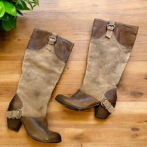 Fergie Brown Western Buckle Leather Knee High Boots 7.5 Zipper Y2K